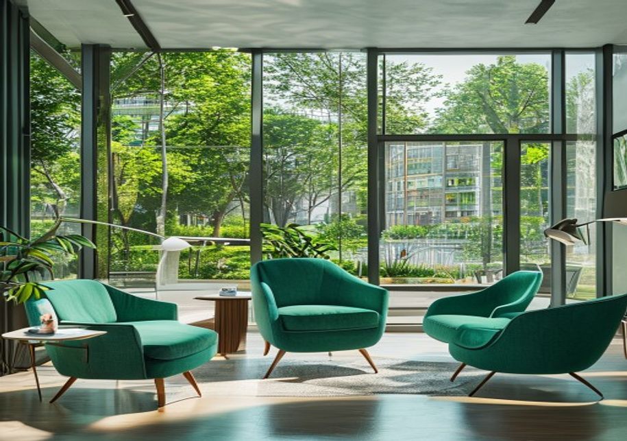 Wartezimmer mit bequemen Sesseln und Blick in den Park